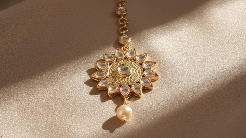 Touchstone maang Tikka Indian Head Jewelry Women Hair Accessories Gold Headpiece Forehead mangtika Bollywood Simple kundan Wedding Dainty Chain Bridal tikli borla Filigree netthi chutti - Image 4